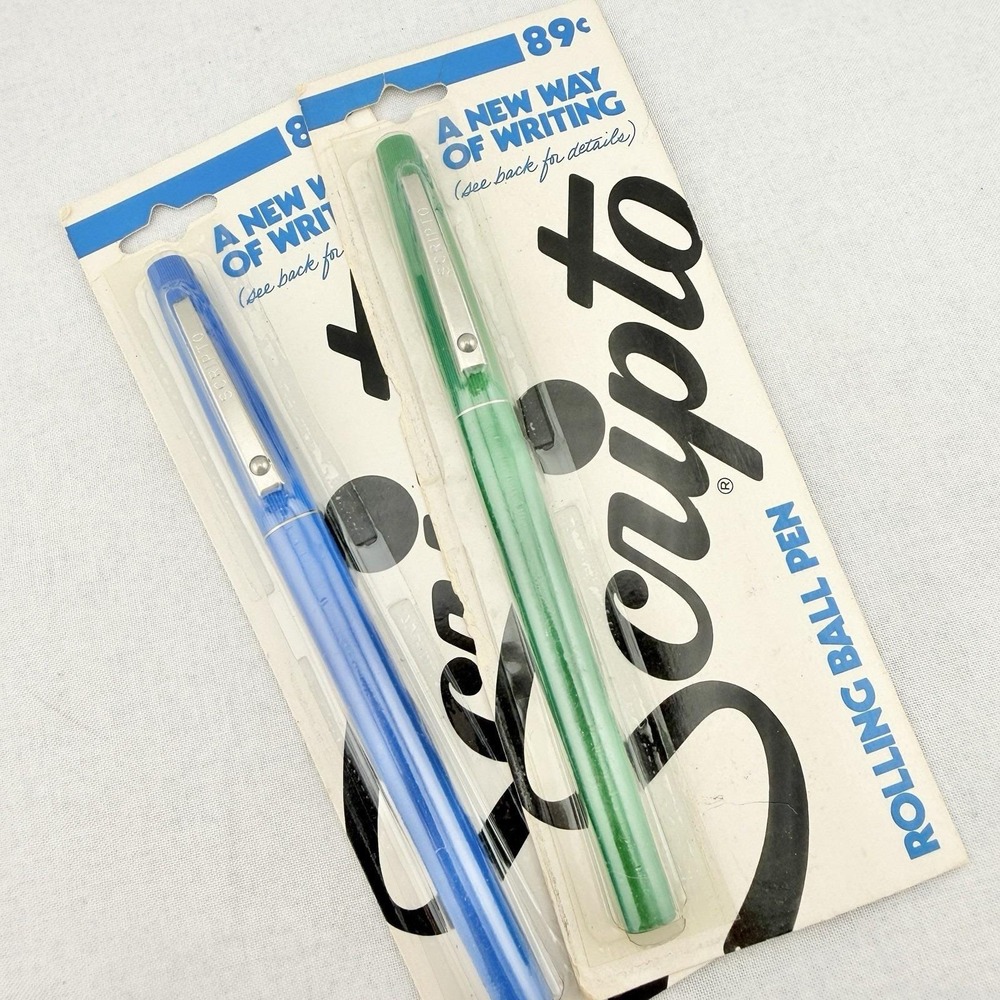Vintage Scripto Rolling Ball Pens 1970s NOS Blue Green Set Of 2 USA Made